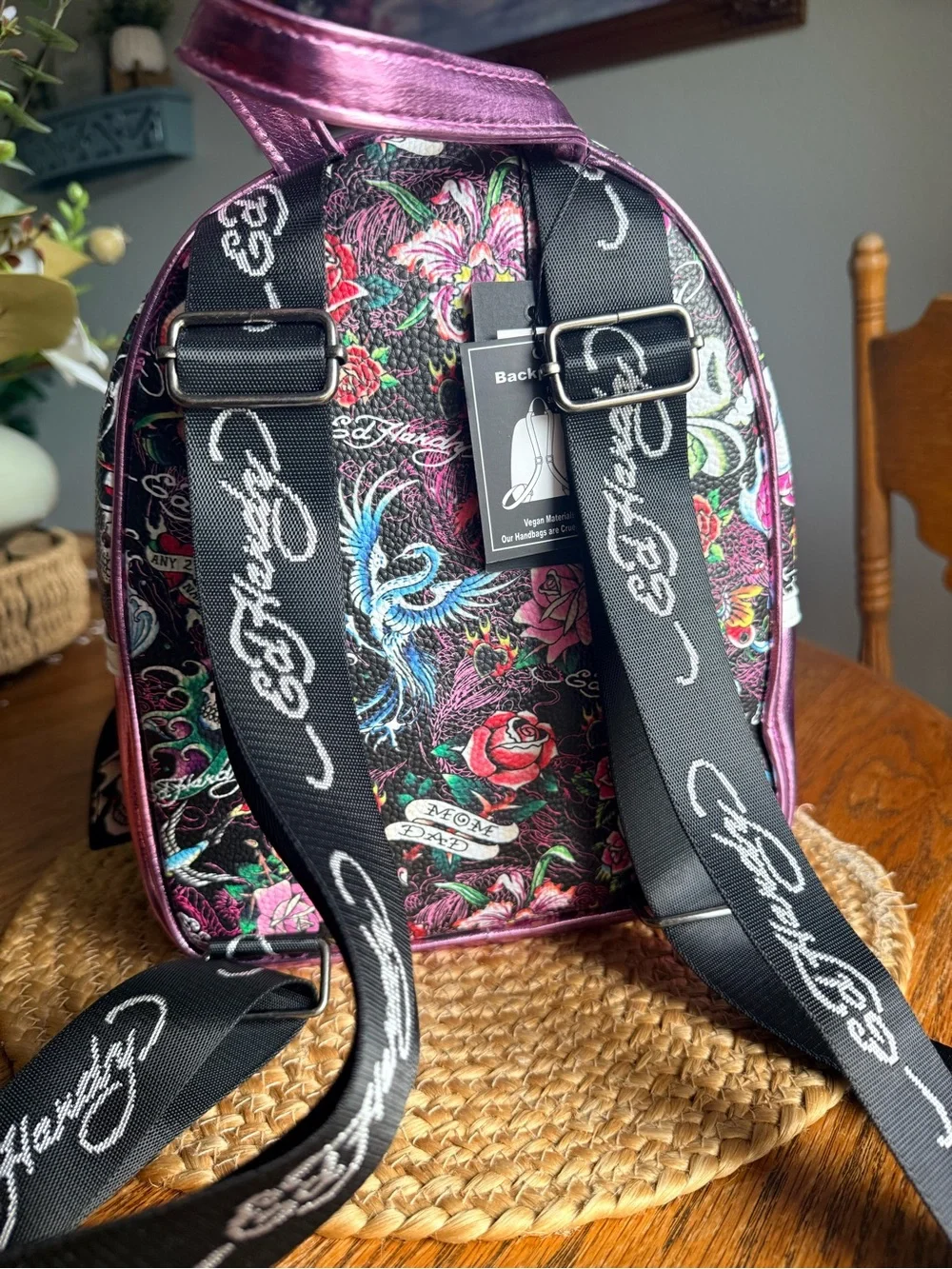 Ed Hardy Pink Metallic Mini Backpack with Multicolor Skull & Rose Print